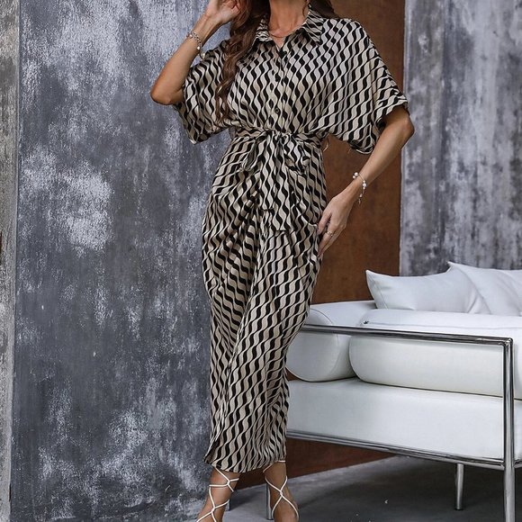 Black Boho Womens Allover Print Batwing Sleeve Belted Shirt Dress - Picture 5 of 5